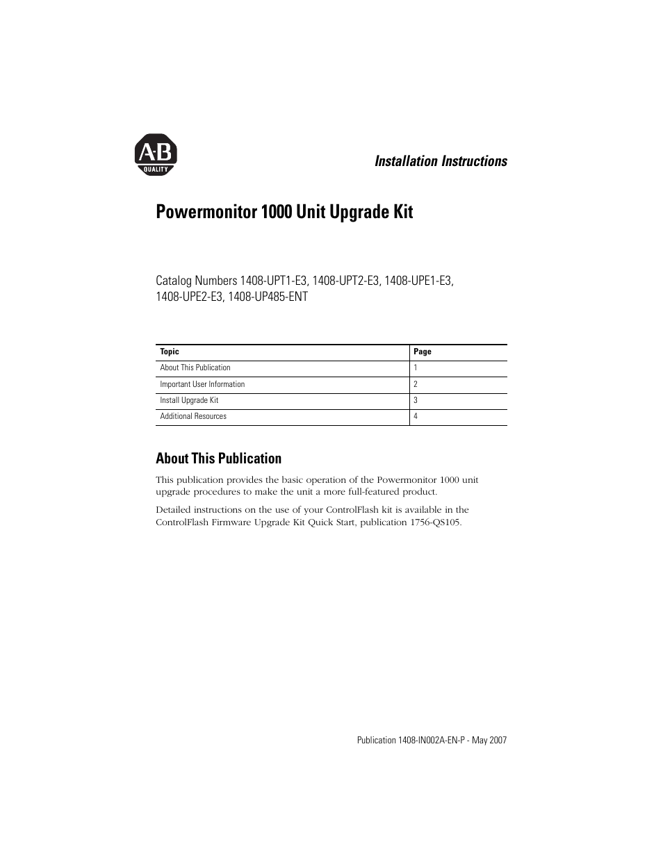 Rockwell Automation 1408-UPxx Powermonitor 1000 Unit Upgrade Kit User Manual | 4 pages