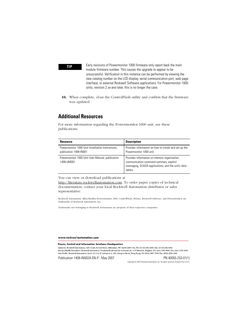 Additional resources, Back cover | Rockwell Automation 1408-UPxx Powermonitor 1000 Unit Upgrade Kit User Manual | Page 4 / 4