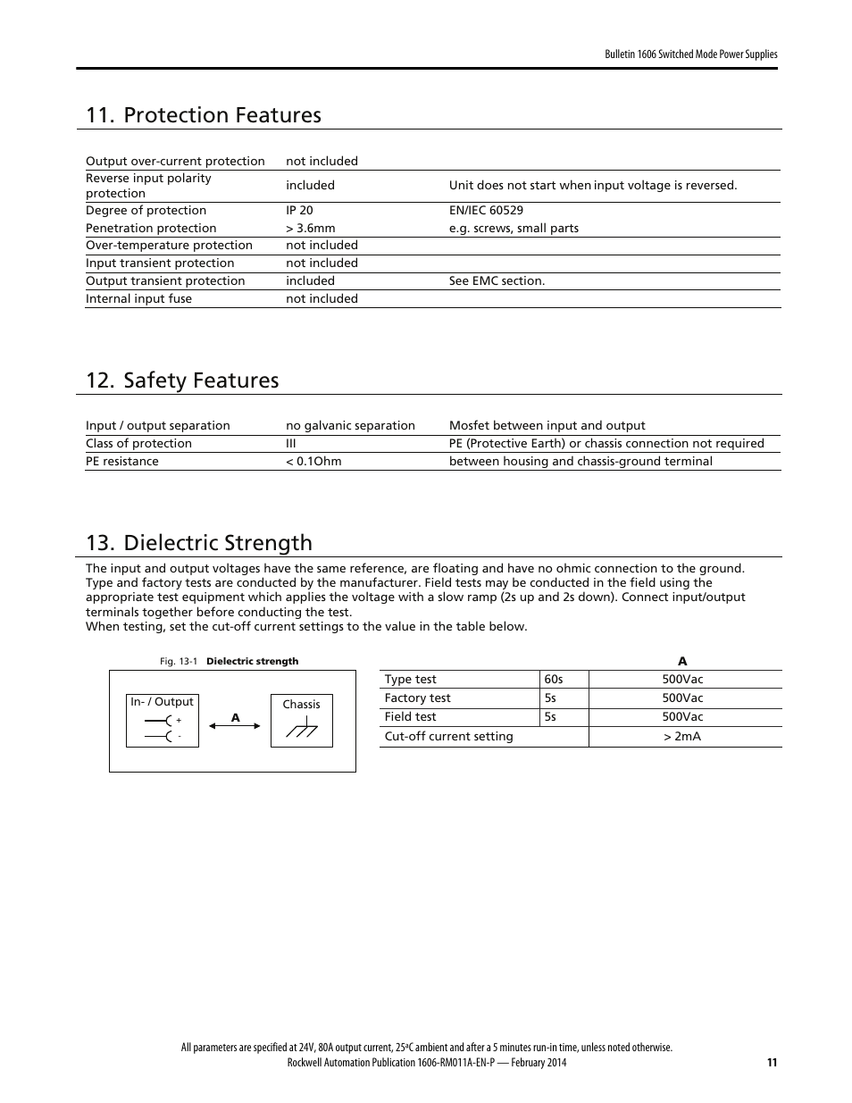 Protection features, Safety features, Dielectric strength | Rockwell Automation 1606-XLSRED80 Power Supply Reference Manual User Manual | Page 11 / 18