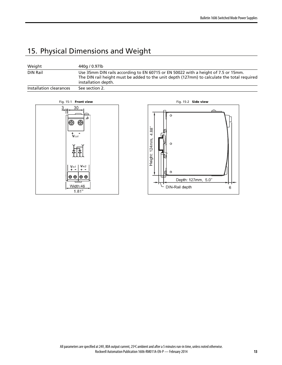 Physical dimensions and weight | Rockwell Automation 1606-XLSRED80 Power Supply Reference Manual User Manual | Page 13 / 18