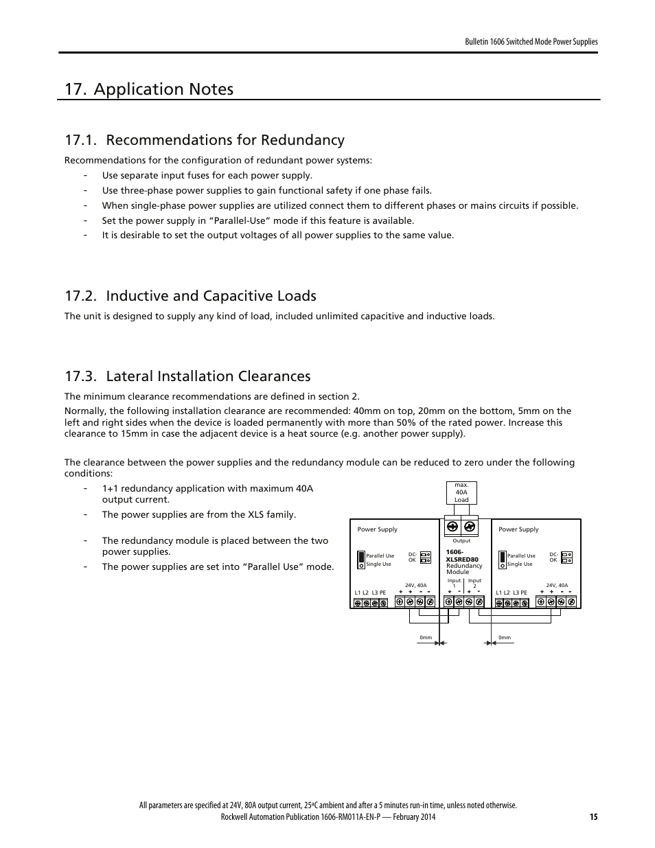 Recommendations for redundancy, Inductive and capacitive loads, Lateral installation clearances | Rockwell Automation 1606-XLSRED80 Power Supply Reference Manual User Manual | Page 15 / 18