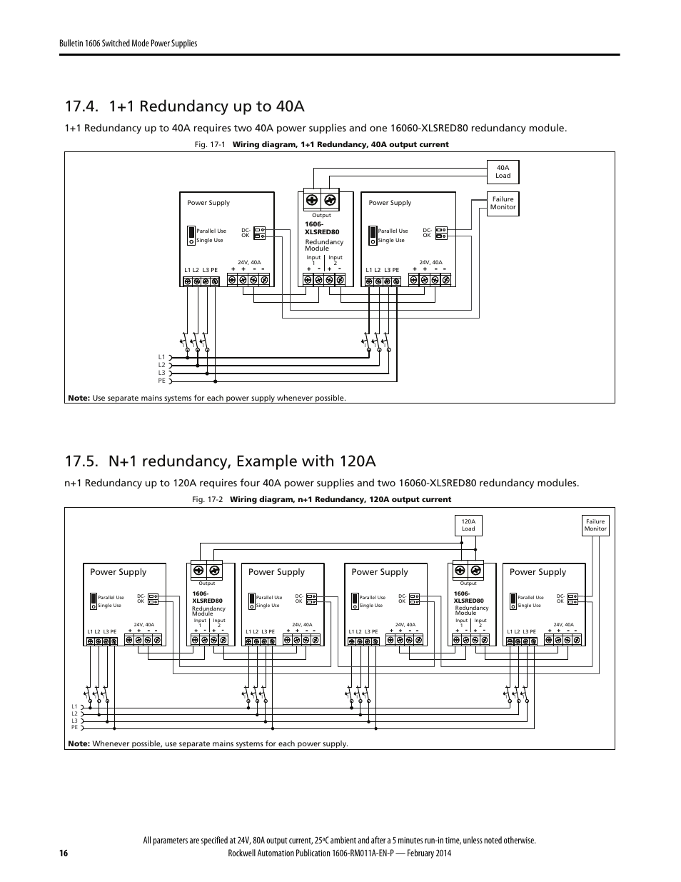 1+1 redundancy up to 40a, N+1 redundancy, example with 120a | Rockwell Automation 1606-XLSRED80 Power Supply Reference Manual User Manual | Page 16 / 18