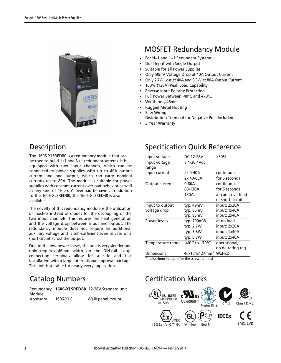 Mosfet redundancy module, Description, Specification quick reference | Catalog numbers, Certification marks | Rockwell Automation 1606-XLSRED80 Power Supply Reference Manual User Manual | Page 2 / 18