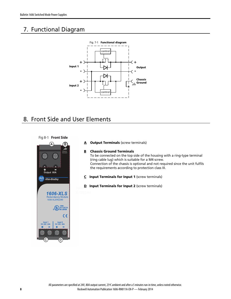 Functional diagram, Front side and user elements | Rockwell Automation 1606-XLSRED80 Power Supply Reference Manual User Manual | Page 8 / 18