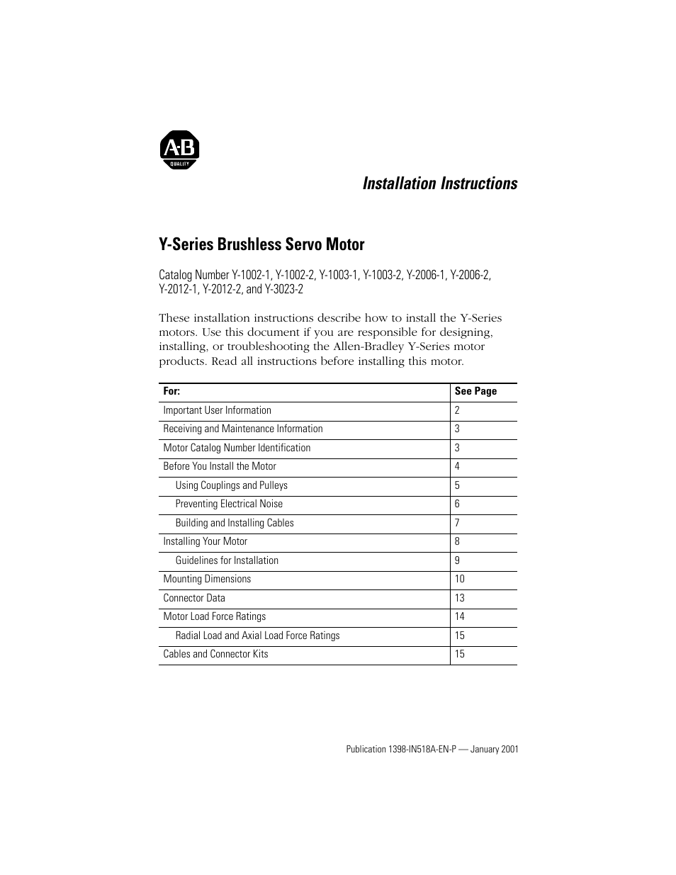 Rockwell Automation Y-Series Brushless Servo Motor  User Manual | 16 pages