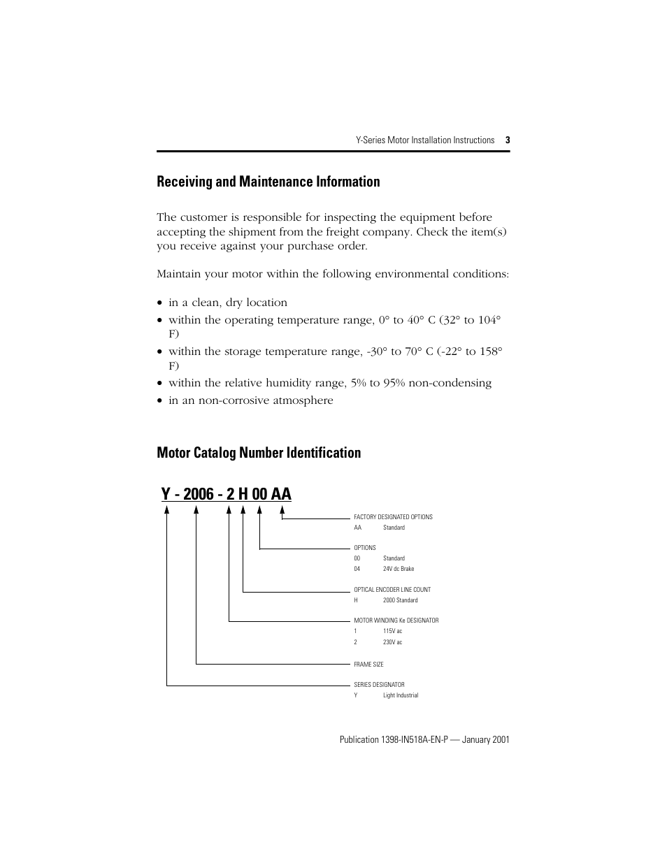 Receiving and maintenance information, Motor catalog number identification | Rockwell Automation Y-Series Brushless Servo Motor  User Manual | Page 3 / 16