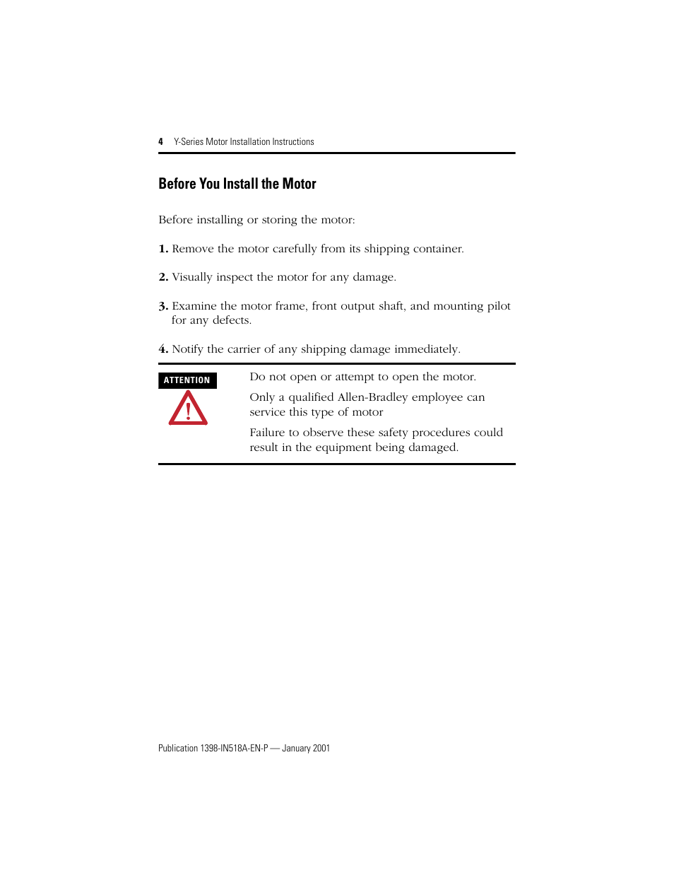 Before you install the motor | Rockwell Automation Y-Series Brushless Servo Motor  User Manual | Page 4 / 16