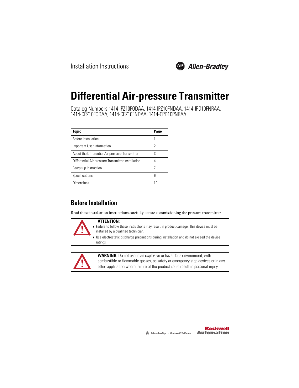 Rockwell Automation 1414-IPZxxxxx_CPZxxxxx_CPDxxxxx Differential Air Pressure Transmitter User Manual | 12 pages