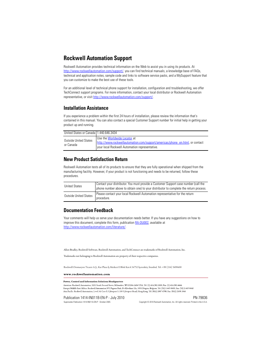 Back cover, Rockwell automation support, Installation assistance | New product satisfaction return, Documentation feedback | Rockwell Automation 1414-IPZxxxxx_CPZxxxxx_CPDxxxxx Differential Air Pressure Transmitter User Manual | Page 12 / 12