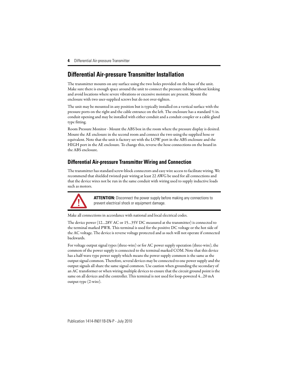 Differential air-pressure transmitter installation | Rockwell Automation 1414-IPZxxxxx_CPZxxxxx_CPDxxxxx Differential Air Pressure Transmitter User Manual | Page 4 / 12