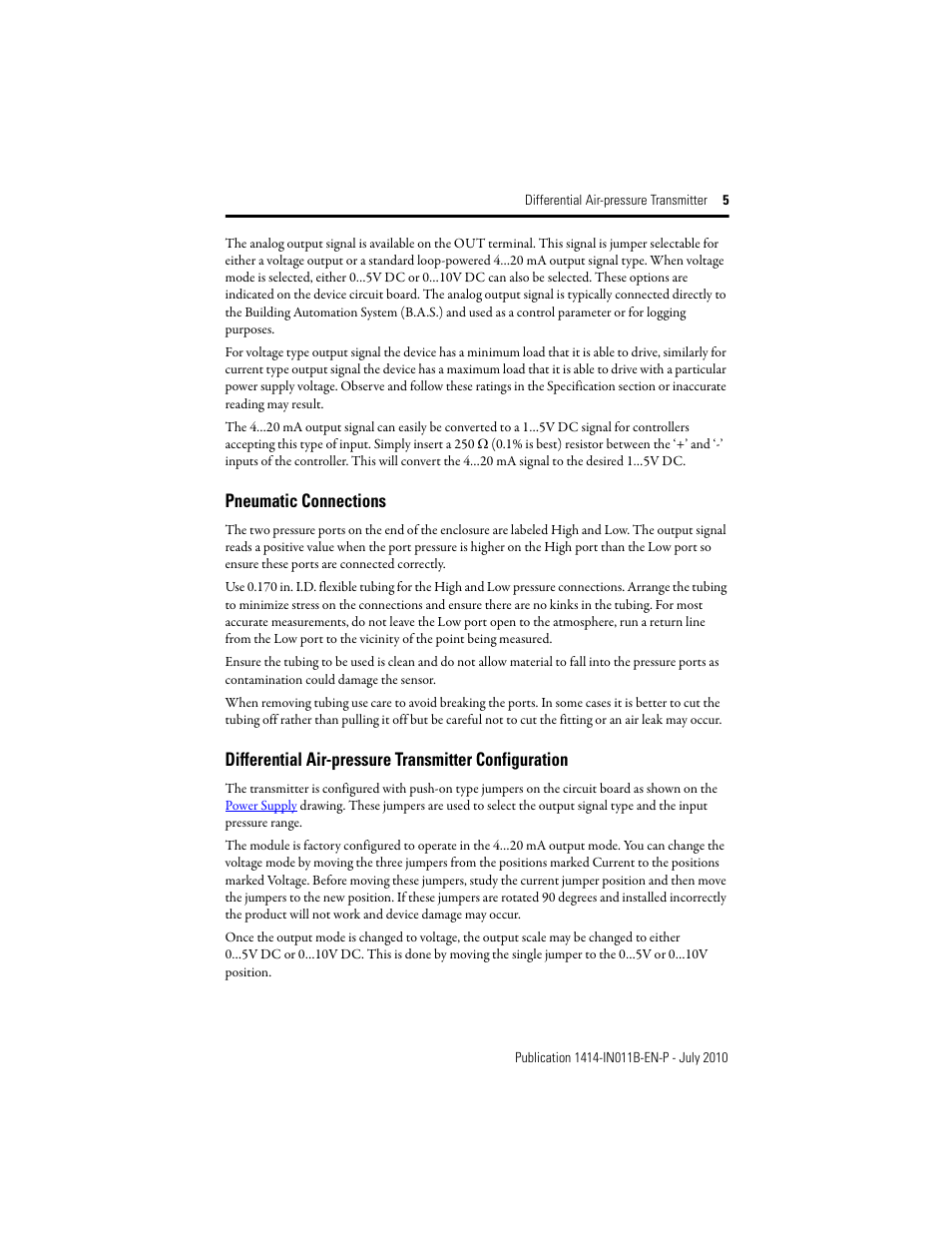 Pneumatic connections | Rockwell Automation 1414-IPZxxxxx_CPZxxxxx_CPDxxxxx Differential Air Pressure Transmitter User Manual | Page 5 / 12
