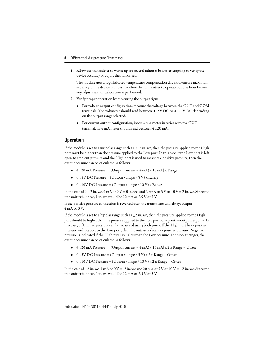Operation | Rockwell Automation 1414-IPZxxxxx_CPZxxxxx_CPDxxxxx Differential Air Pressure Transmitter User Manual | Page 8 / 12
