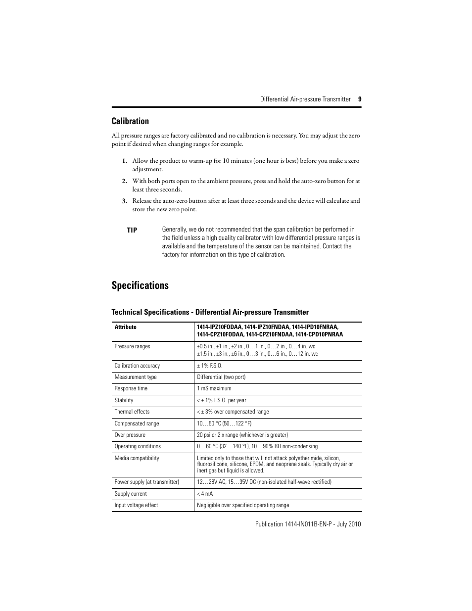 Calibration, Specifications | Rockwell Automation 1414-IPZxxxxx_CPZxxxxx_CPDxxxxx Differential Air Pressure Transmitter User Manual | Page 9 / 12