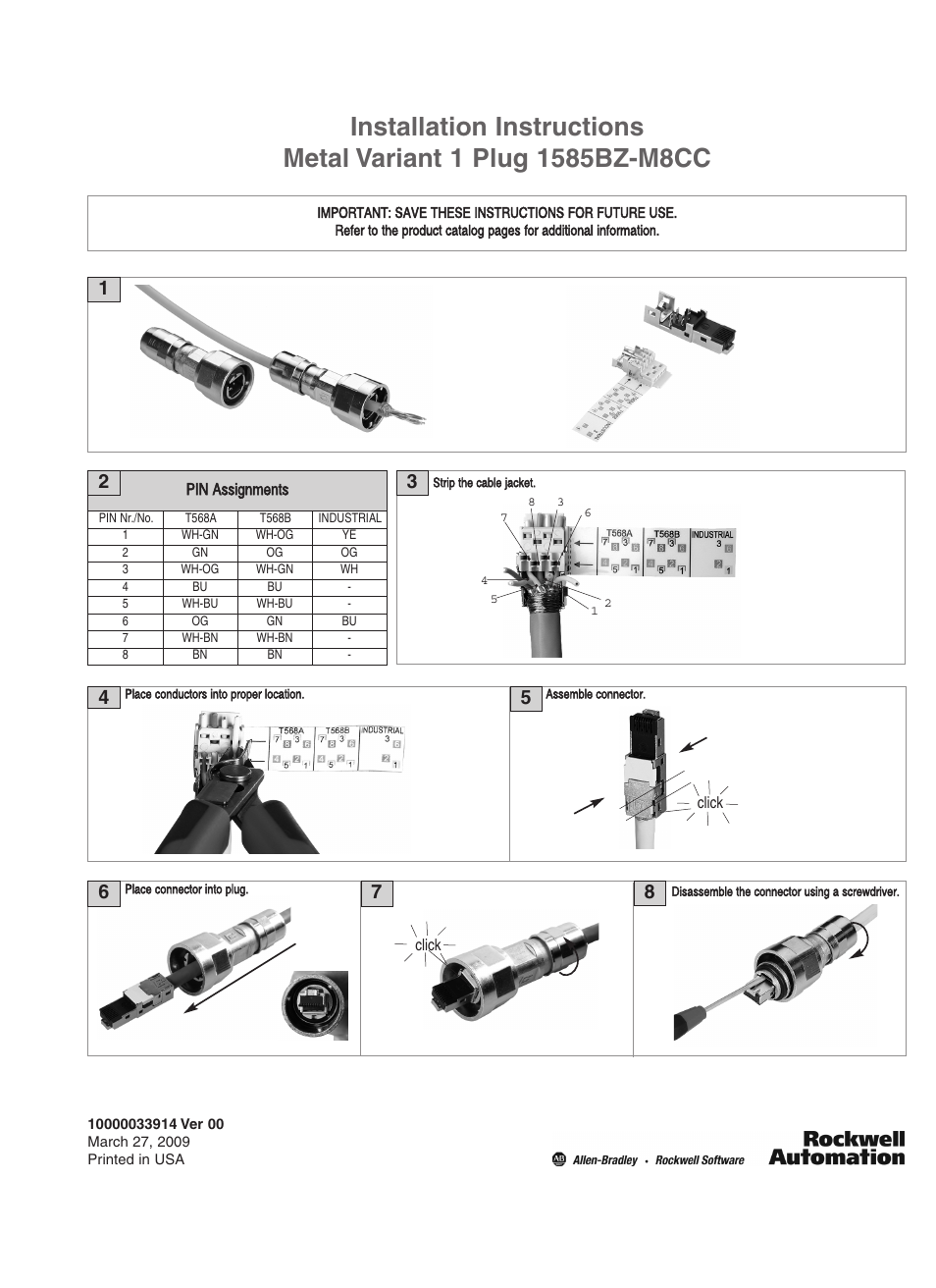 Rockwell Automation 1585BZ-M8CC Metal Variant 1 Plug Installation Instructions User Manual | 1 page