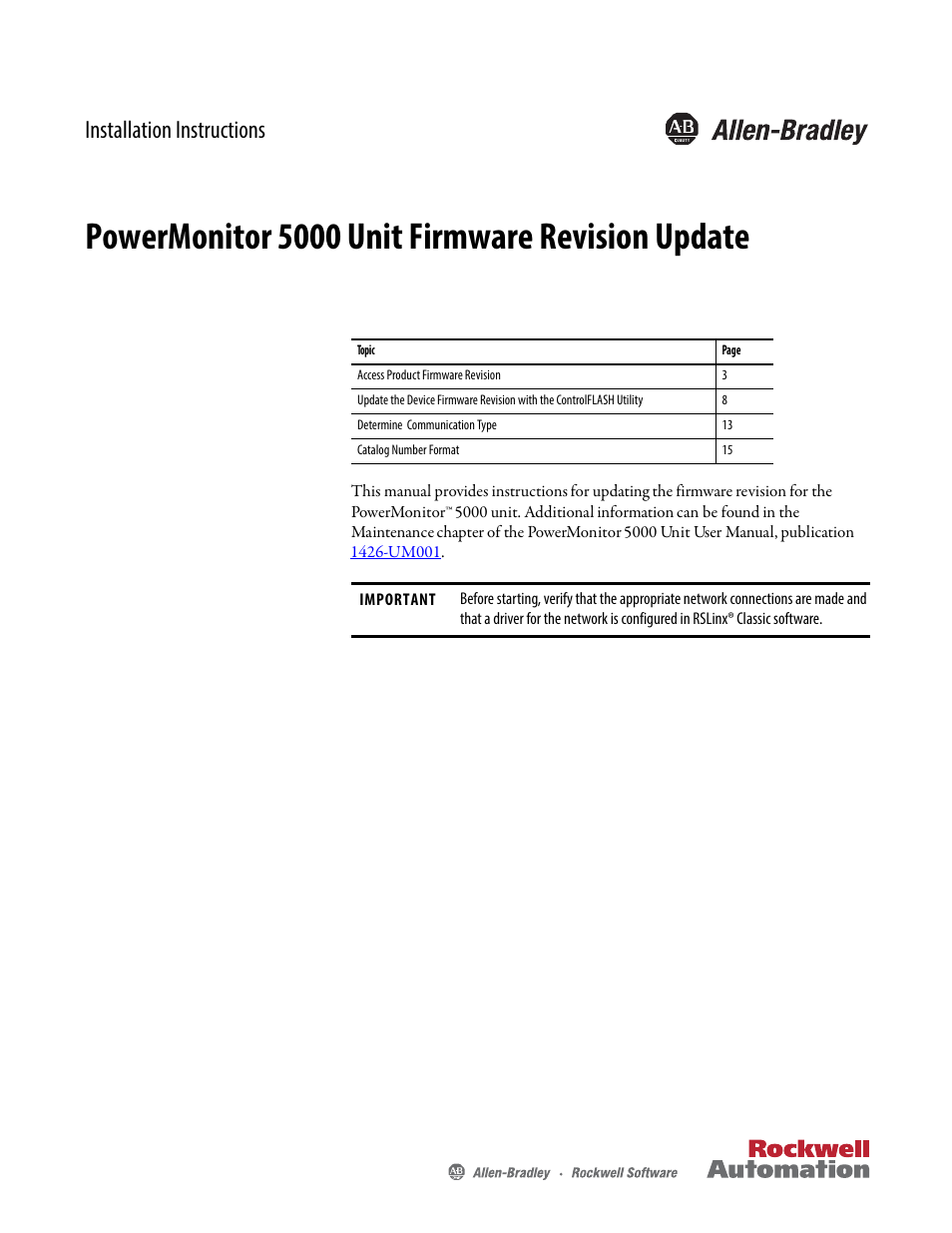 Rockwell Automation 1426-MxE-xxx PowerMonitor 5000 Unit Firmware Revision Update Installation Instructions User Manual | 16 pages