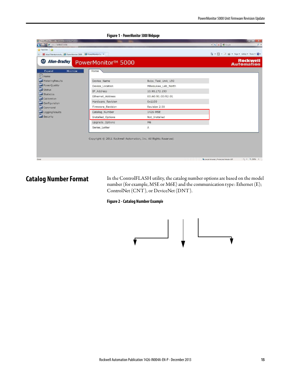 Catalog number format, Figure 1 | Rockwell Automation 1426-MxE-xxx PowerMonitor 5000 Unit Firmware Revision Update Installation Instructions User Manual | Page 15 / 16