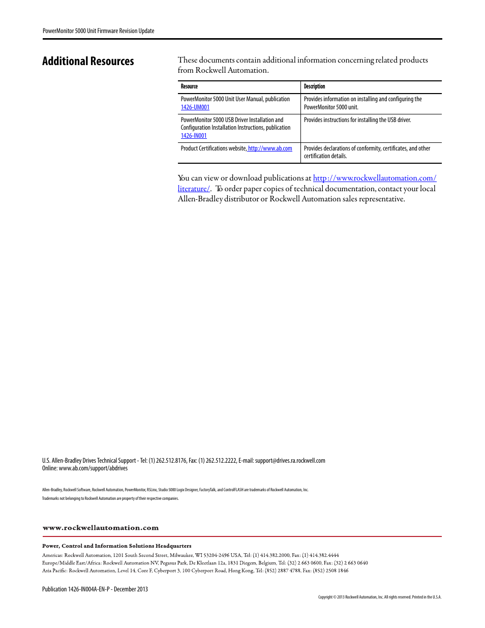 Additional resources, Back cover | Rockwell Automation 1426-MxE-xxx PowerMonitor 5000 Unit Firmware Revision Update Installation Instructions User Manual | Page 16 / 16