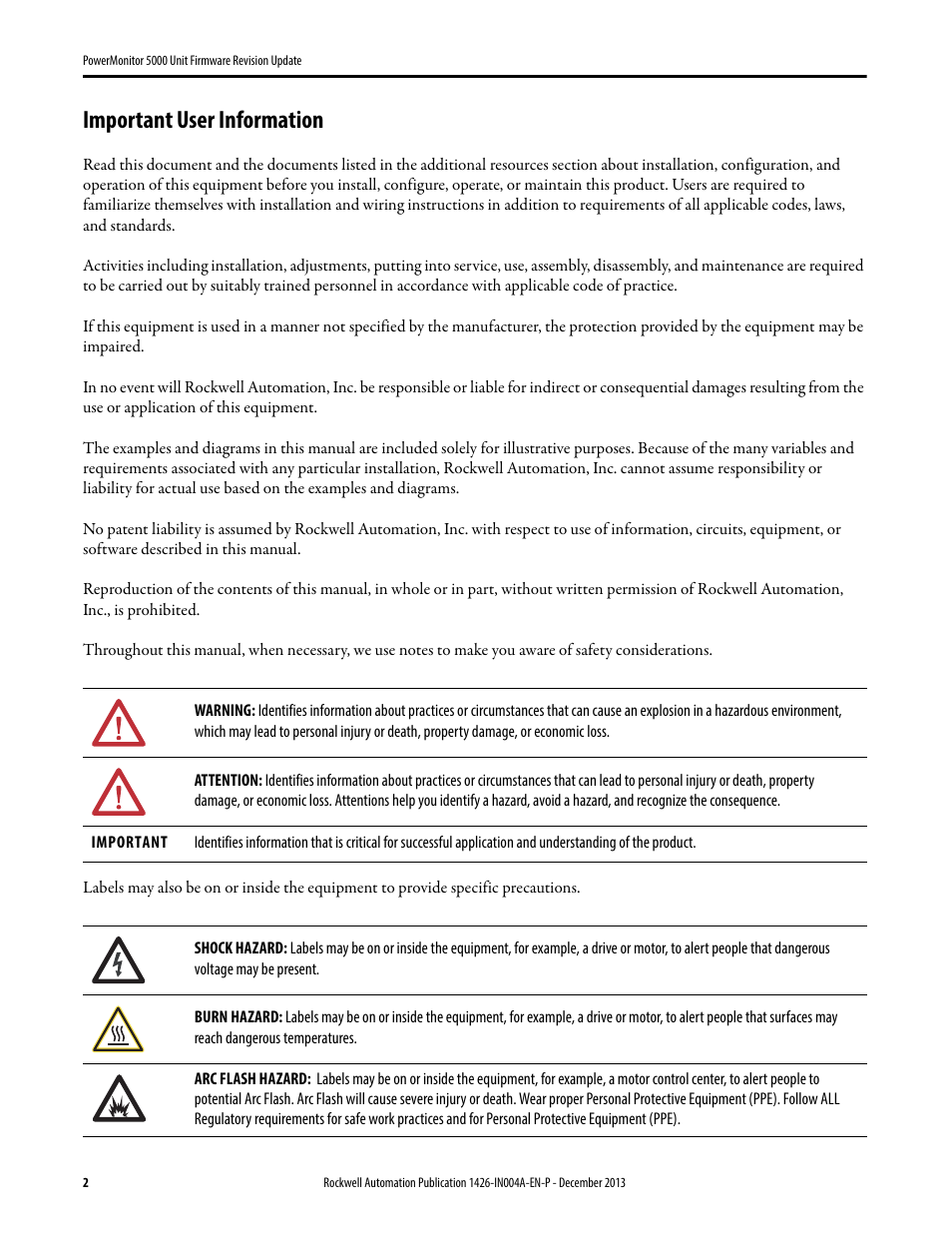 Important user information | Rockwell Automation 1426-MxE-xxx PowerMonitor 5000 Unit Firmware Revision Update Installation Instructions User Manual | Page 2 / 16