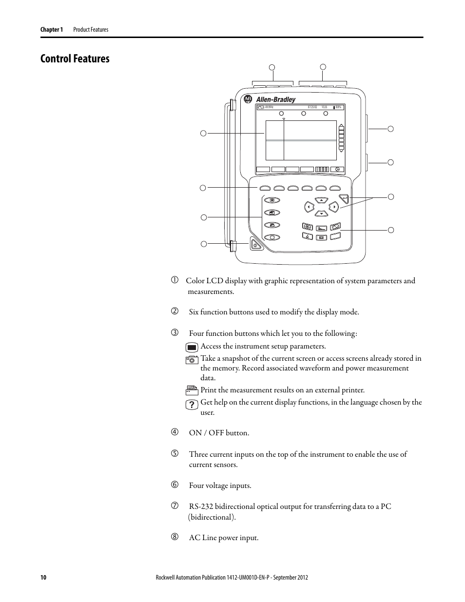 Control features, On / off button, Four voltage inputs | Ac line power input | Rockwell Automation 1412-PP21xx PowerPad Portable Powermonitor User Manual | Page 10 / 102