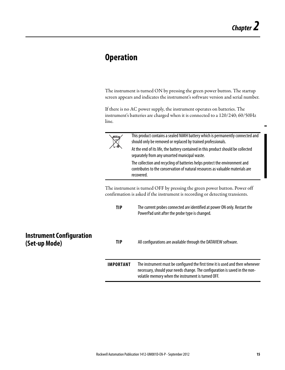 2 - operation, Instrument configuration (set-up mode), Chapter 2 | Operation, Chapter | Rockwell Automation 1412-PP21xx PowerPad Portable Powermonitor User Manual | Page 15 / 102