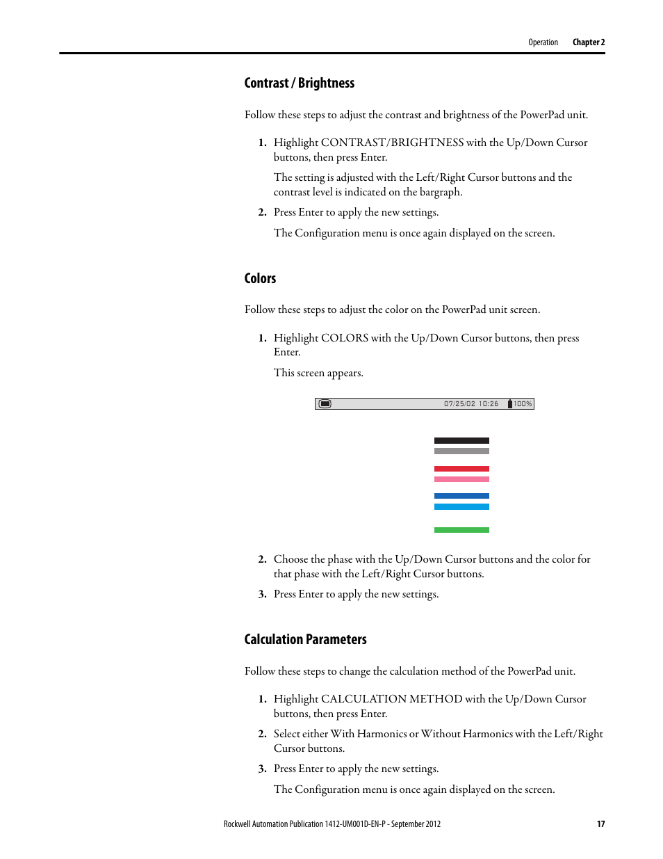 Contrast / brightness, Colors, Calculation parameters | Rockwell Automation 1412-PP21xx PowerPad Portable Powermonitor User Manual | Page 17 / 102