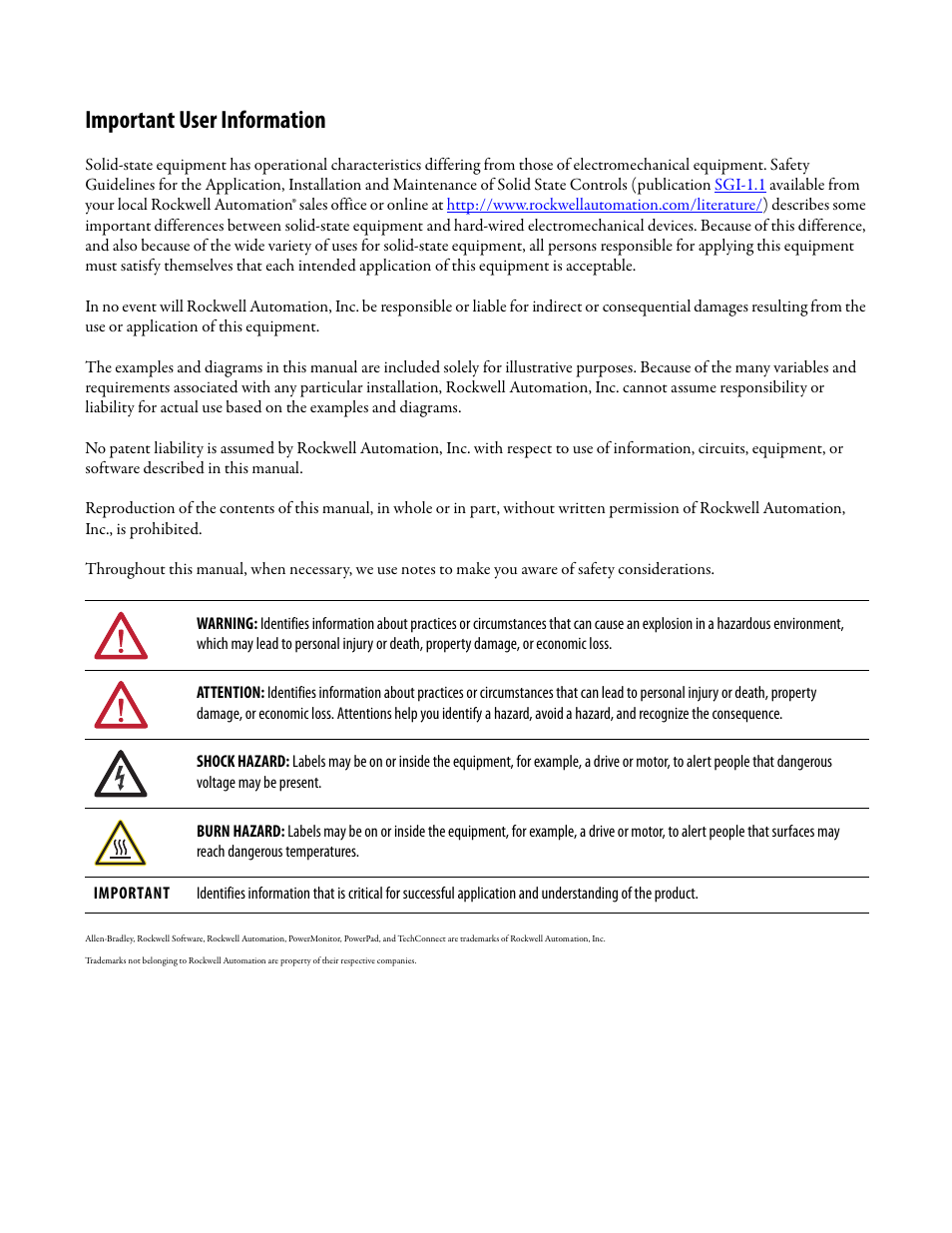 Important user information | Rockwell Automation 1412-PP21xx PowerPad Portable Powermonitor User Manual | Page 2 / 102