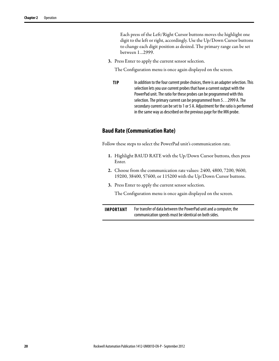 Baud rate (communication rate) | Rockwell Automation 1412-PP21xx PowerPad Portable Powermonitor User Manual | Page 20 / 102