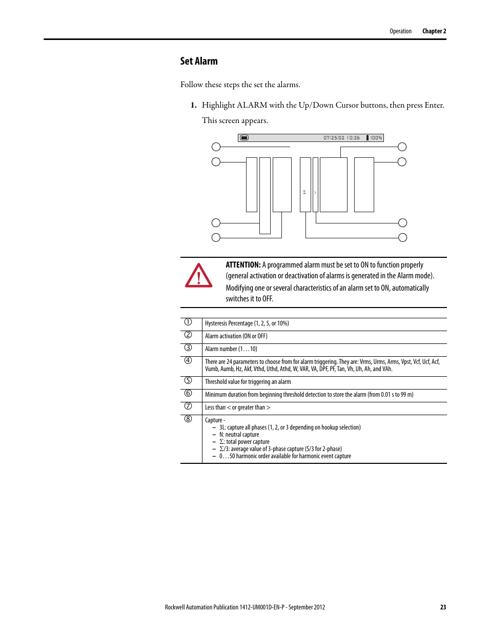Set alarm | Rockwell Automation 1412-PP21xx PowerPad Portable Powermonitor User Manual | Page 23 / 102