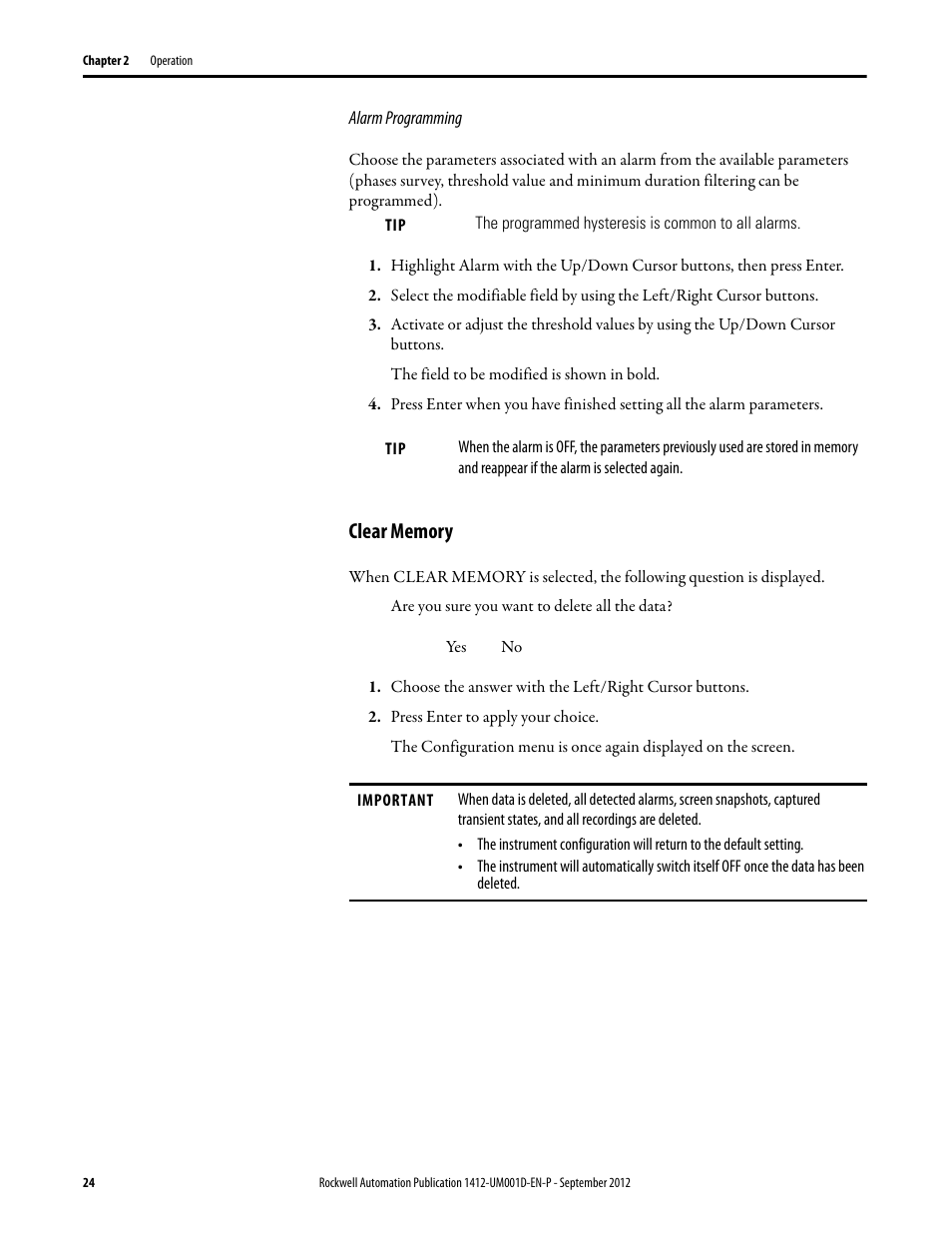 Clear memory | Rockwell Automation 1412-PP21xx PowerPad Portable Powermonitor User Manual | Page 24 / 102