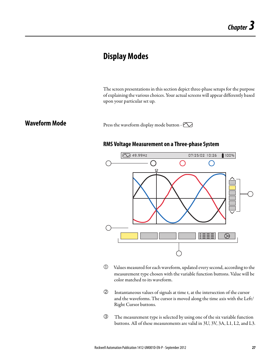 3 - display modes, Waveform mode, Rms voltage measurement on a three-phase system | Chapter 3, Display modes, Chapter | Rockwell Automation 1412-PP21xx PowerPad Portable Powermonitor User Manual | Page 27 / 102