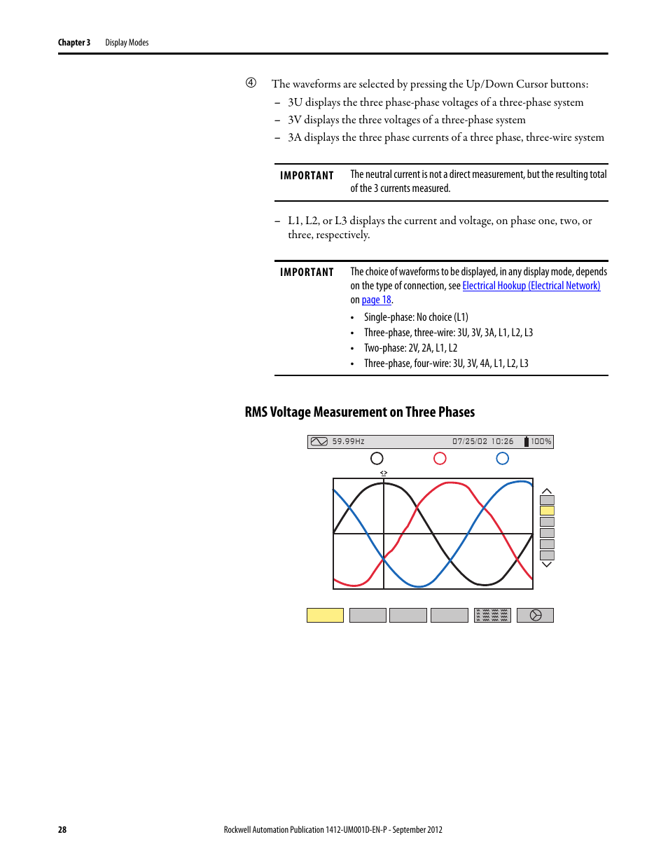 Rms voltage measurement on three phases | Rockwell Automation 1412-PP21xx PowerPad Portable Powermonitor User Manual | Page 28 / 102