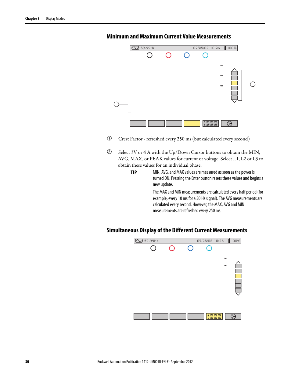 Minimum and maximum current value measurements | Rockwell Automation 1412-PP21xx PowerPad Portable Powermonitor User Manual | Page 30 / 102