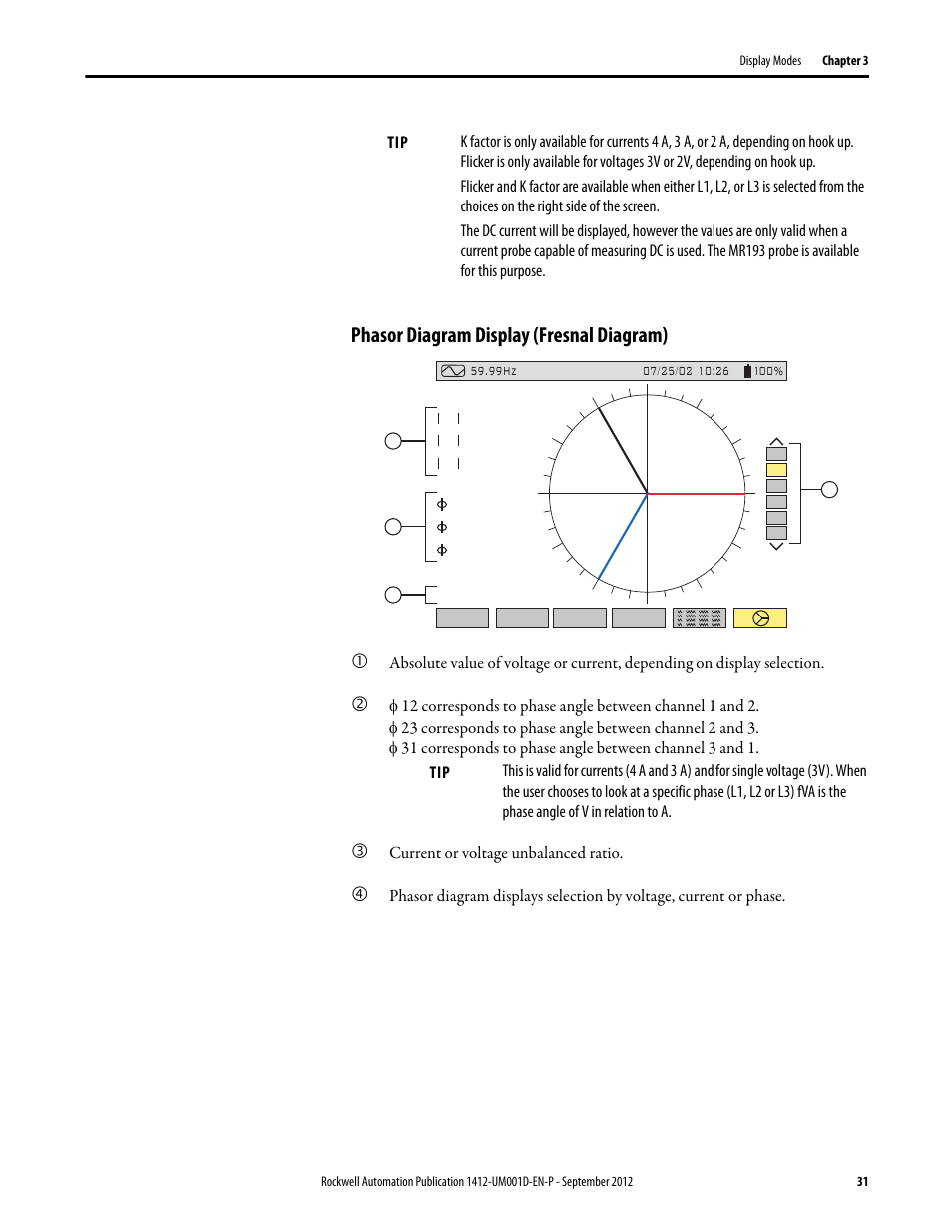 Phasor diagram display (fresnal diagram) | Rockwell Automation 1412-PP21xx PowerPad Portable Powermonitor User Manual | Page 31 / 102