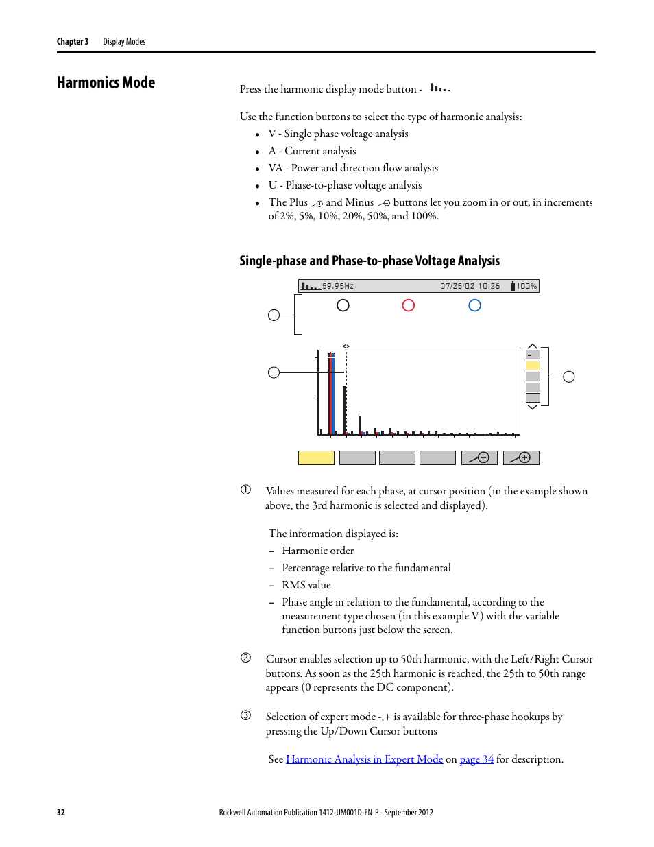 Harmonics mode, Single-phase and phase-to-phase voltage analysis | Rockwell Automation 1412-PP21xx PowerPad Portable Powermonitor User Manual | Page 32 / 102