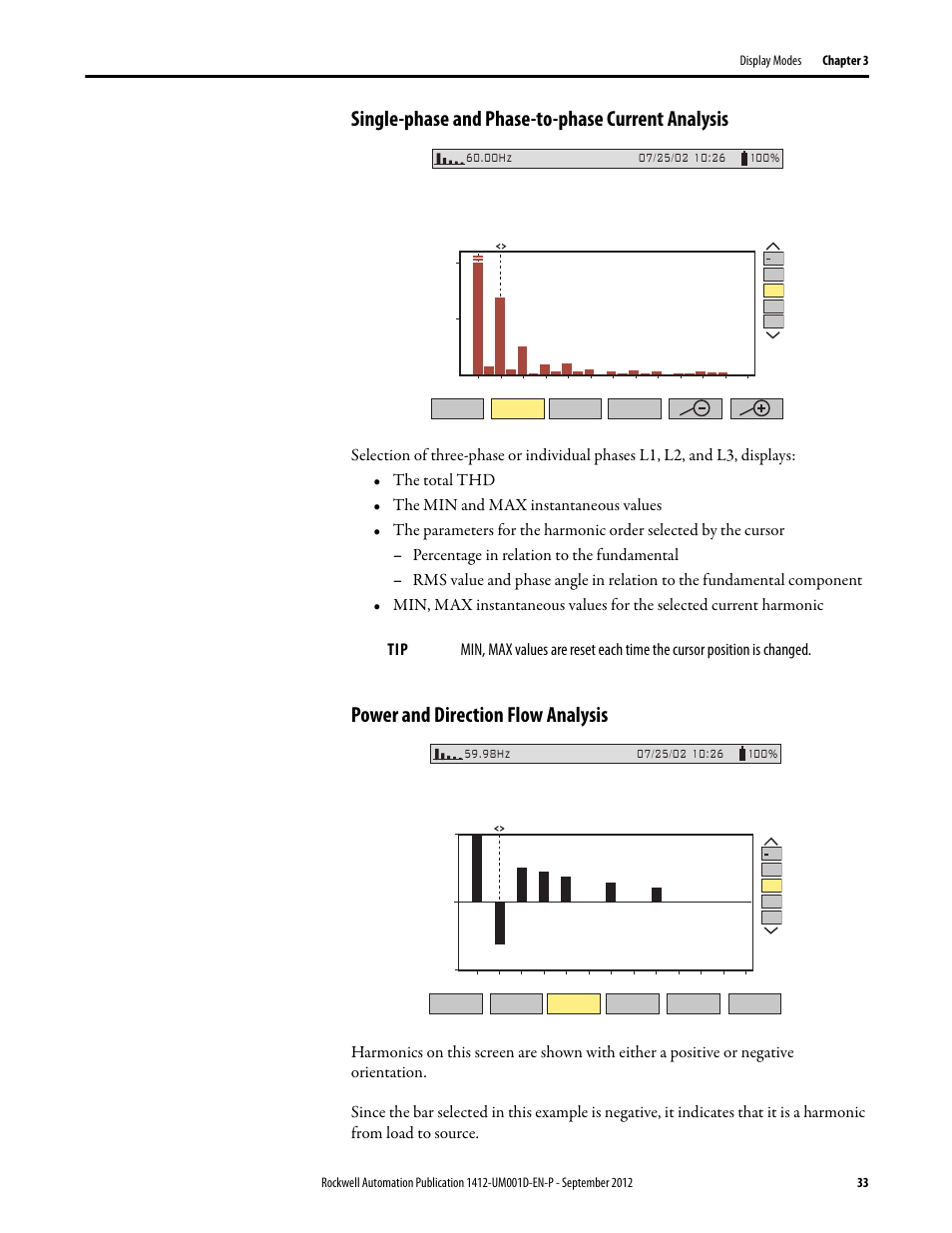 Single-phase and phase-to-phase current analysis, Power and direction flow analysis, Va u | Gvah03 | Rockwell Automation 1412-PP21xx PowerPad Portable Powermonitor User Manual | Page 33 / 102