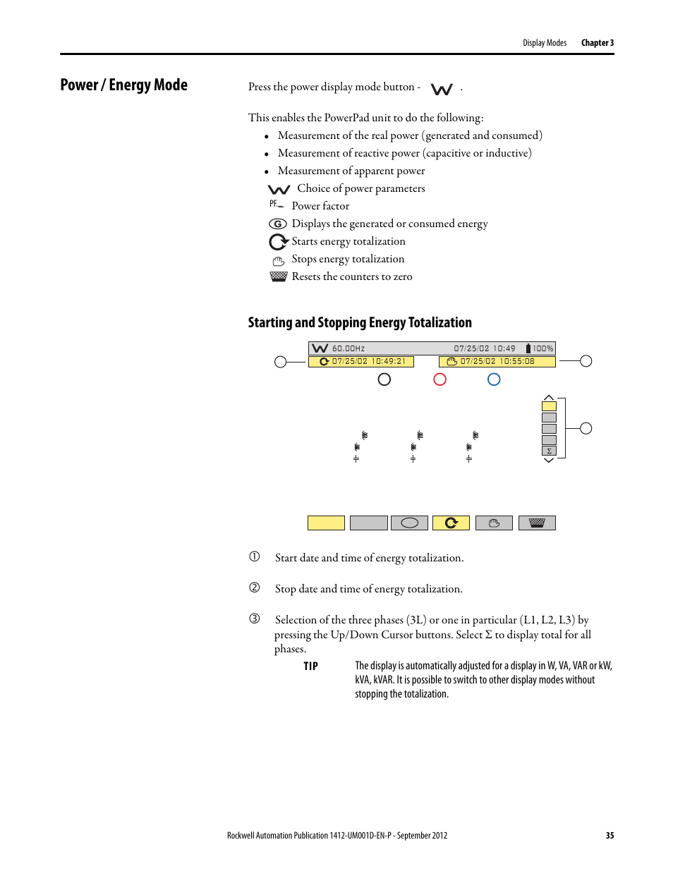 Power / energy mode, Starting and stopping energy totalization | Rockwell Automation 1412-PP21xx PowerPad Portable Powermonitor User Manual | Page 35 / 102