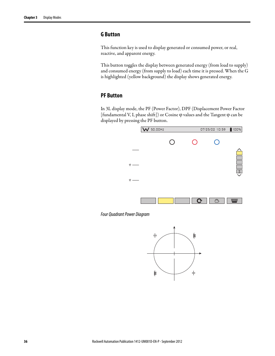 G button, Pf button | Rockwell Automation 1412-PP21xx PowerPad Portable Powermonitor User Manual | Page 36 / 102