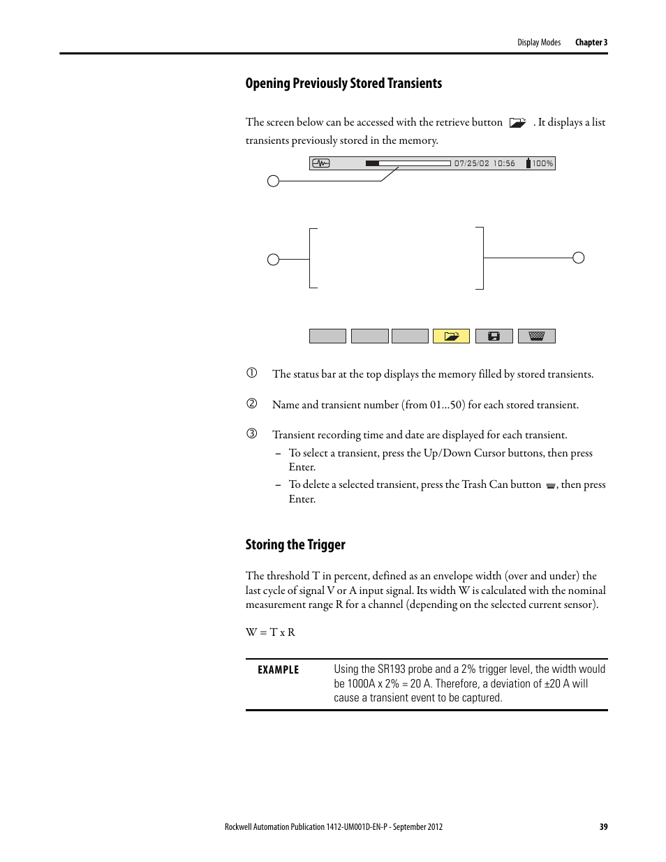 Opening previously stored transients, Storing the trigger | Rockwell Automation 1412-PP21xx PowerPad Portable Powermonitor User Manual | Page 39 / 102