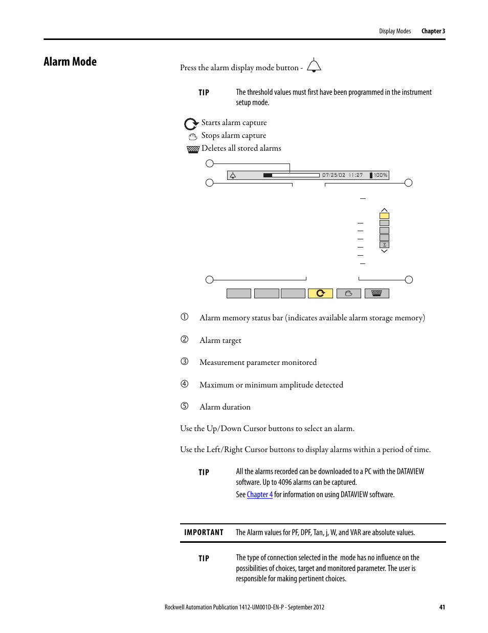 Alarm mode, Alarm target, Measurement parameter monitored | Maximum or minimum amplitude detected | Rockwell Automation 1412-PP21xx PowerPad Portable Powermonitor User Manual | Page 41 / 102