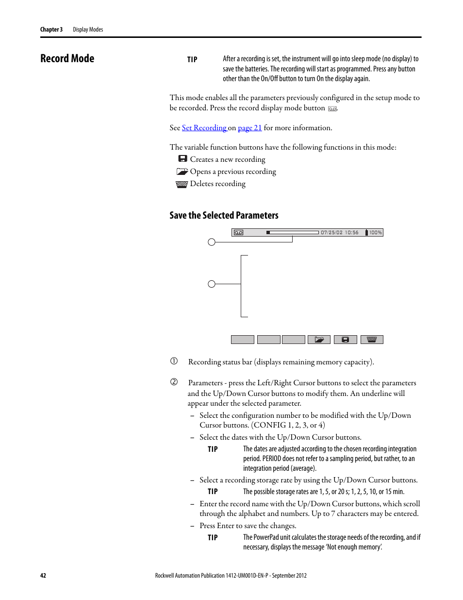 Record mode, Save the selected parameters | Rockwell Automation 1412-PP21xx PowerPad Portable Powermonitor User Manual | Page 42 / 102