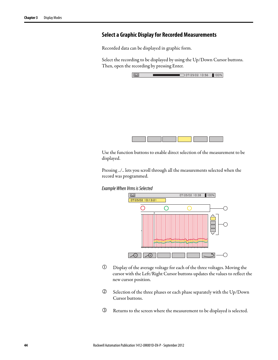 Select a graphic display for recorded measurements, Example when vrms is selected | Rockwell Automation 1412-PP21xx PowerPad Portable Powermonitor User Manual | Page 44 / 102
