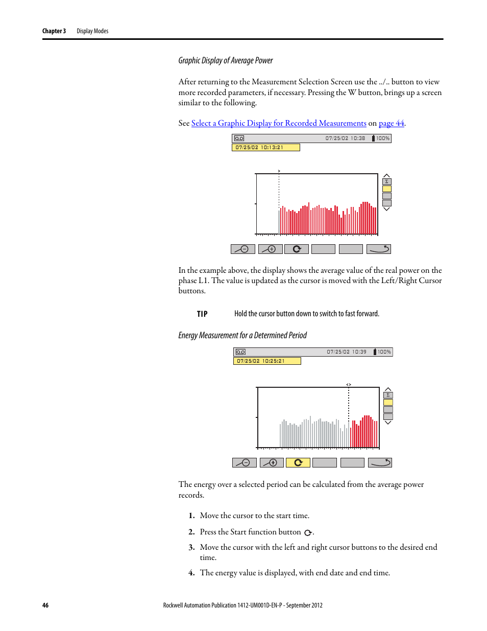 Graphic display of average power, Energy measurement for a determined period | Rockwell Automation 1412-PP21xx PowerPad Portable Powermonitor User Manual | Page 46 / 102