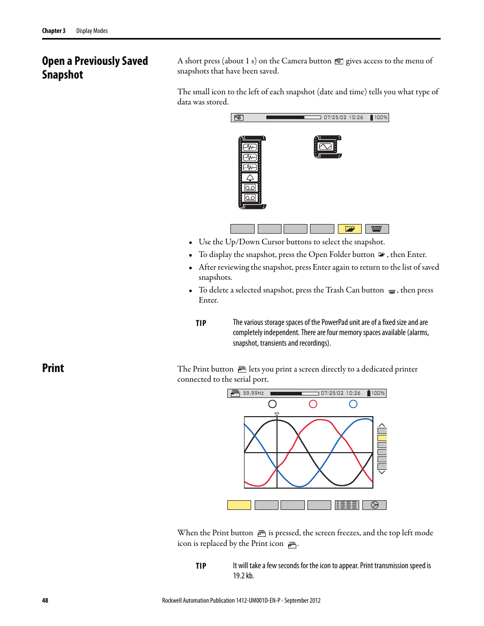 Open a previously saved snapshot, Print | Rockwell Automation 1412-PP21xx PowerPad Portable Powermonitor User Manual | Page 48 / 102