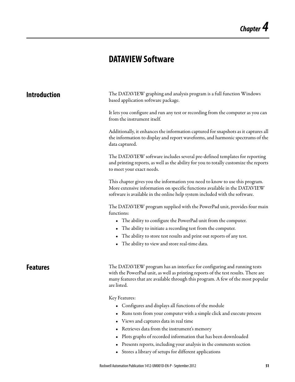 4 - dataview software, Introduction, Features | Chapter 4, Dataview software, Chapter | Rockwell Automation 1412-PP21xx PowerPad Portable Powermonitor User Manual | Page 51 / 102