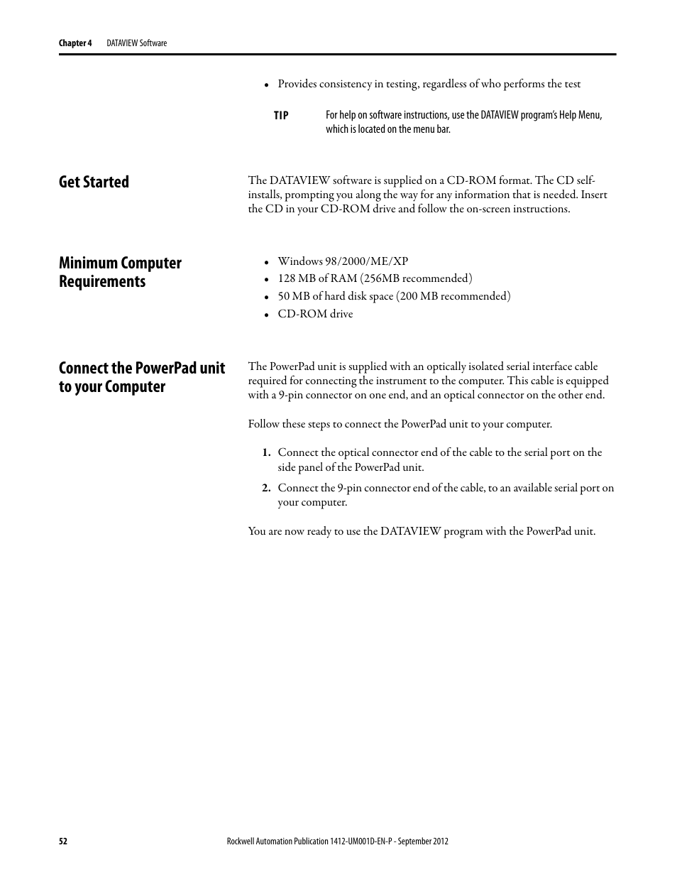 Get started, Minimum computer requirements, Connect the powerpad unit to your computer | Rockwell Automation 1412-PP21xx PowerPad Portable Powermonitor User Manual | Page 52 / 102