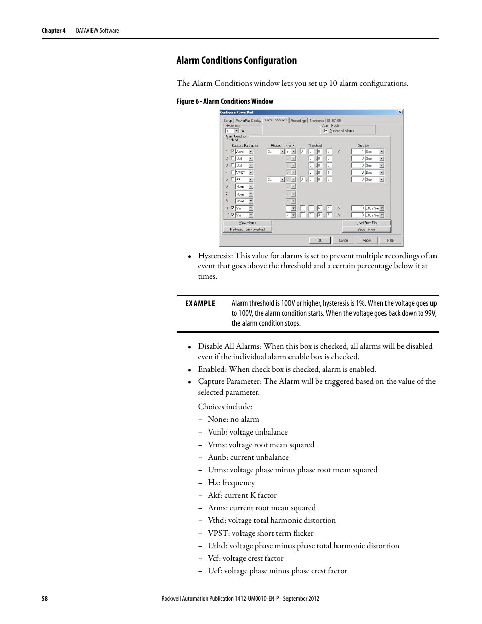 Alarm conditions configuration | Rockwell Automation 1412-PP21xx PowerPad Portable Powermonitor User Manual | Page 58 / 102