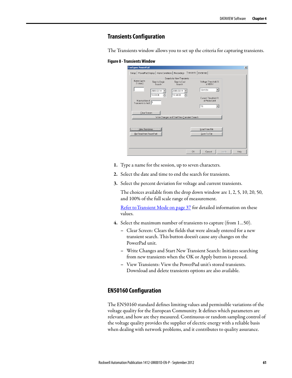 Transients configuration, En50160 configuration | Rockwell Automation 1412-PP21xx PowerPad Portable Powermonitor User Manual | Page 61 / 102