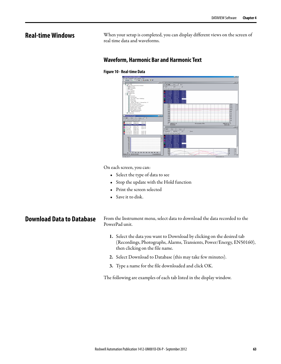 Real-time windows, Waveform, harmonic bar and harmonic text, Download data to database | Rockwell Automation 1412-PP21xx PowerPad Portable Powermonitor User Manual | Page 63 / 102
