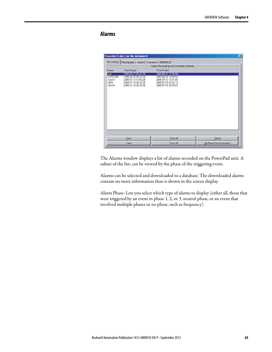 Alarms | Rockwell Automation 1412-PP21xx PowerPad Portable Powermonitor User Manual | Page 65 / 102