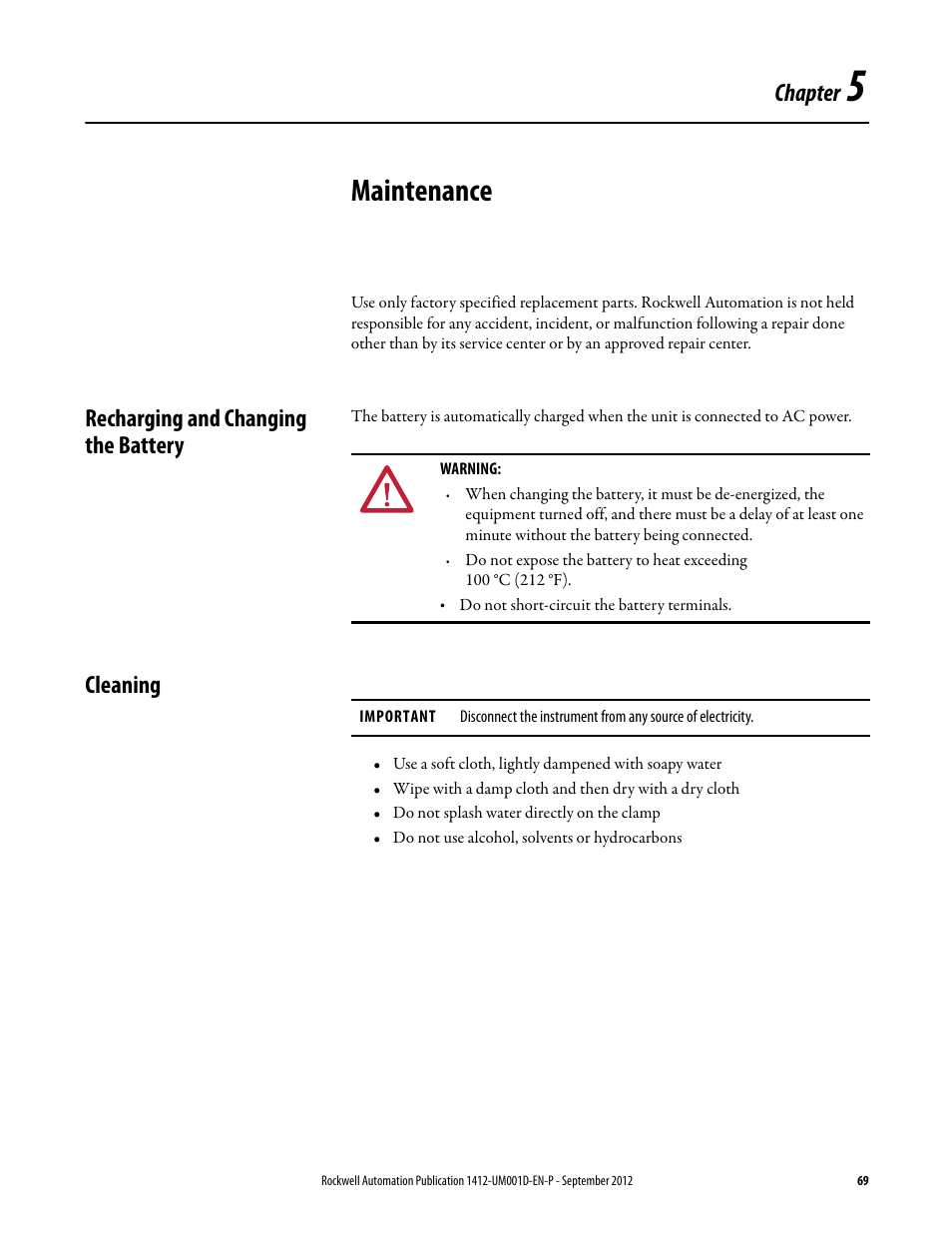 5 - maintenance, Recharging and changing the battery, Cleaning | Chapter 5, Maintenance, Chapter | Rockwell Automation 1412-PP21xx PowerPad Portable Powermonitor User Manual | Page 69 / 102